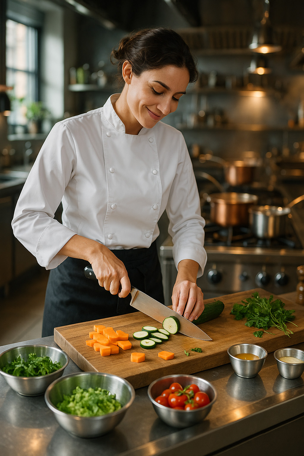 Chef de cuisine préparant des légumes dans une cuisine traditionnelle