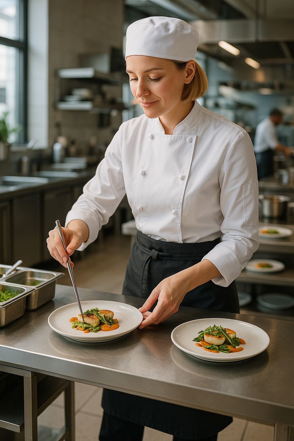 Cheffe de partie dressant une assiette dans une cuisine professionnelle