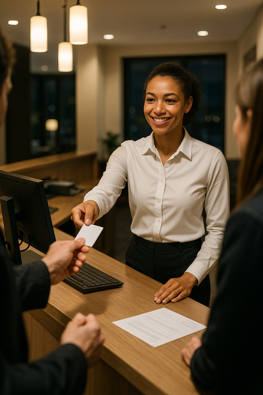 Réceptionniste de nuit accueillant des clients à la réception d’un hôtel
