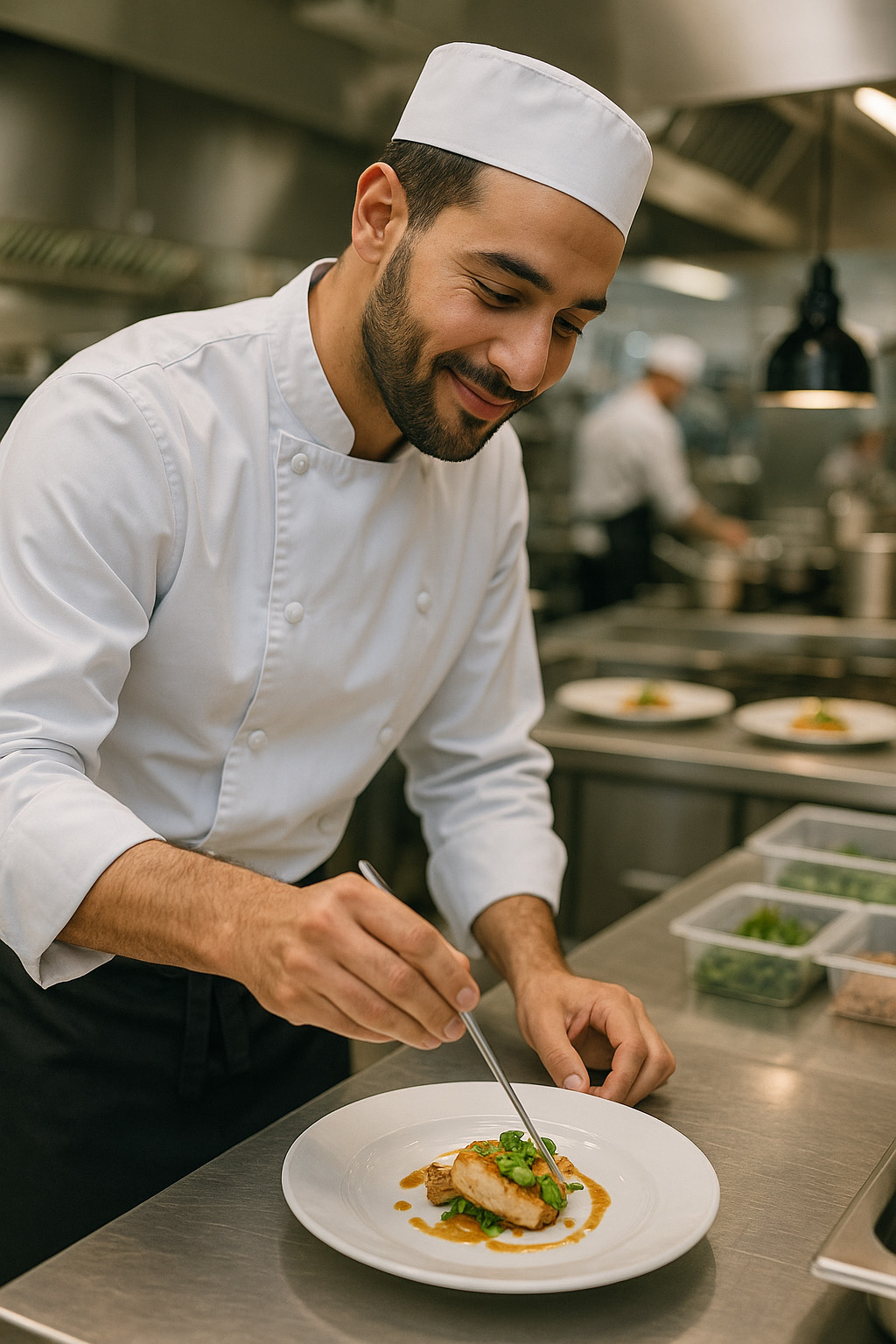 Second de cuisine dressant une assiette dans un établissement de restauration traditionnelle
