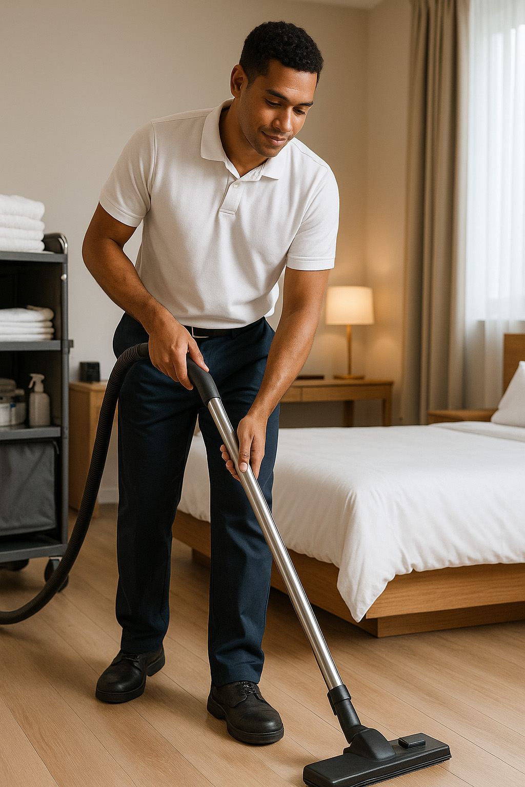 Valet de chambre passant l’aspirateur dans une chambre d’hôtel