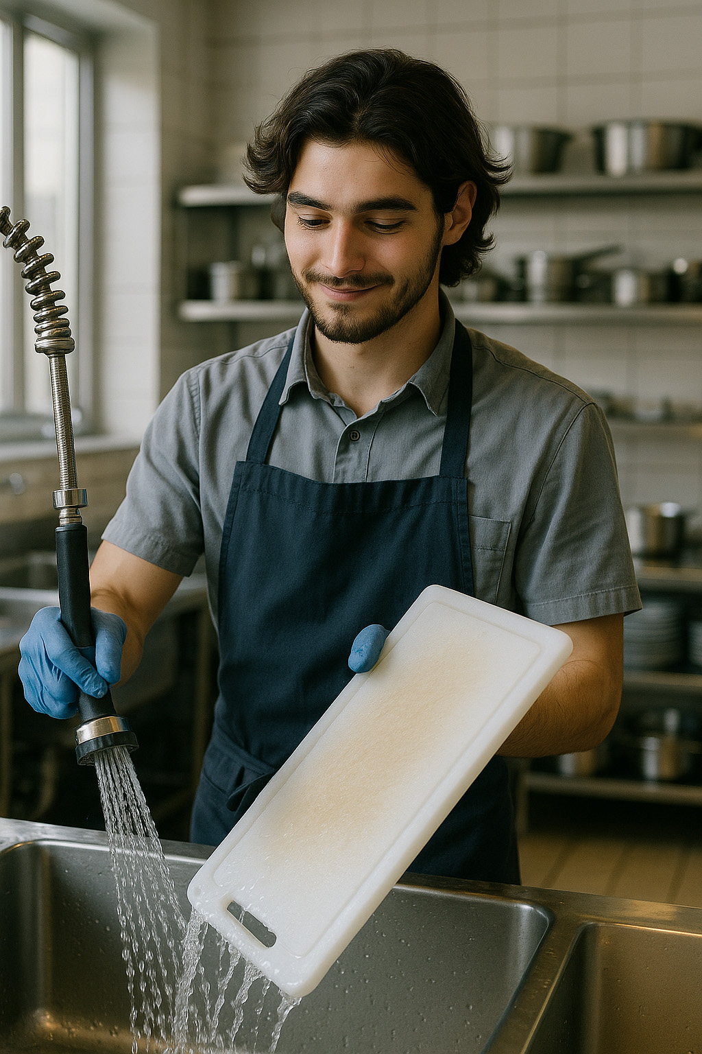 Plongeur nettoyant une planche à découper dans une cuisine en restauration traditionnelle